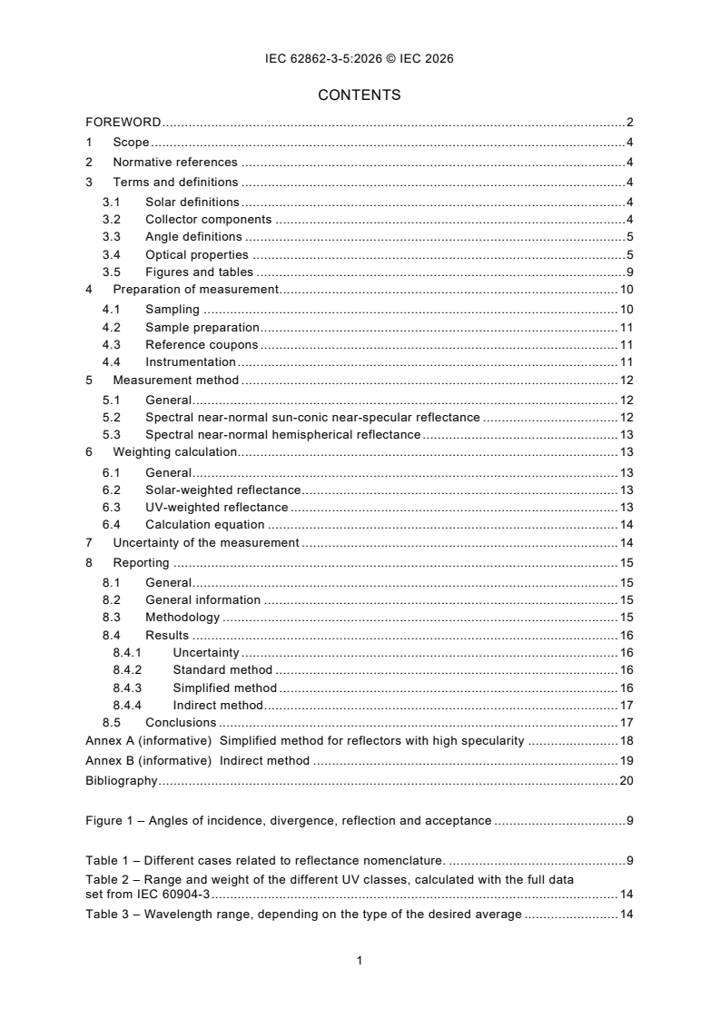 IEC 62862-3-5:2026 IEC 62862-3-5:2026 - Solar thermal electric plants - Part 3-5: Laboratory reflectance measurement of solar reflectors - Page 3 preview