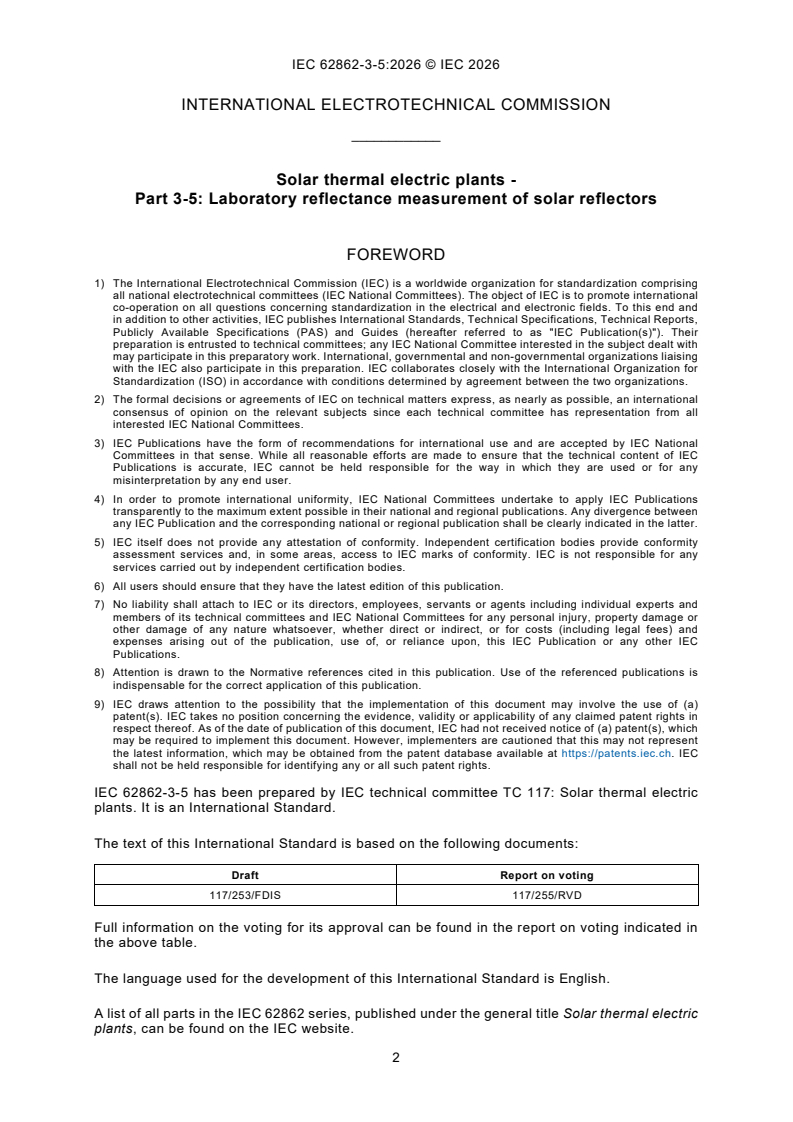 IEC 62862-3-5:2026 IEC 62862-3-5:2026 - Solar thermal electric plants - Part 3-5: Laboratory reflectance measurement of solar reflectors - Page 4 preview