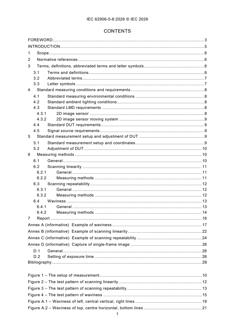 IEC 62906-5-8:2026 IEC 62906-5-8:2026 - Laser displays - Part 5-8: Measurement of scanning characteristics for raster-scanning laser display - Page 3 preview