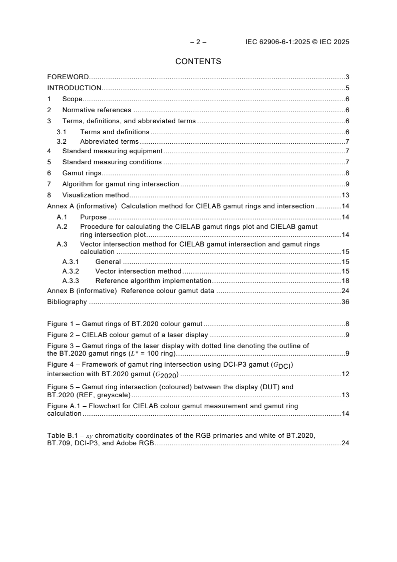 IEC 62906-6-1:2025 IEC 62906-6-1:2025 - Laser displays - Part 6-1: Visualization method of colour gamut intersection
Released:5. 06. 2025
Isbn:9782832704486 - Page 3 preview