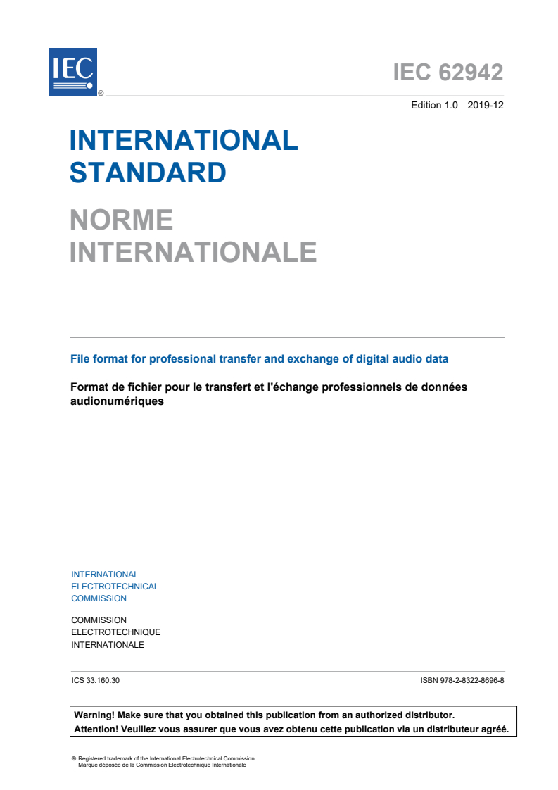 IEC 62942:2019 IEC 62942:2019 - File format for professional transfer and exchange of digital audio data
Released:9/17/2020 - Page 3 preview