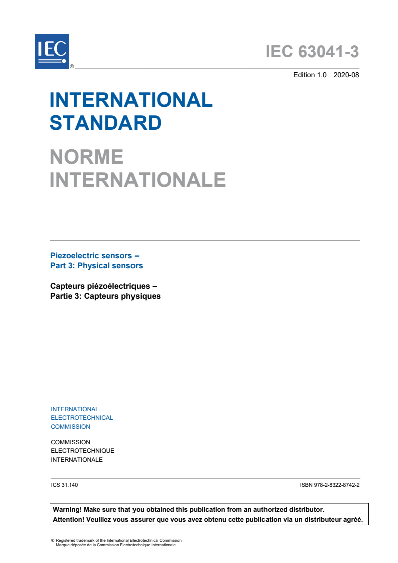 IEC 63041-3:2020 IEC 63041-3:2020 - Piezoelectric sensors - Part 3: Physical sensors
Released:8/12/2020 - Page 3 preview