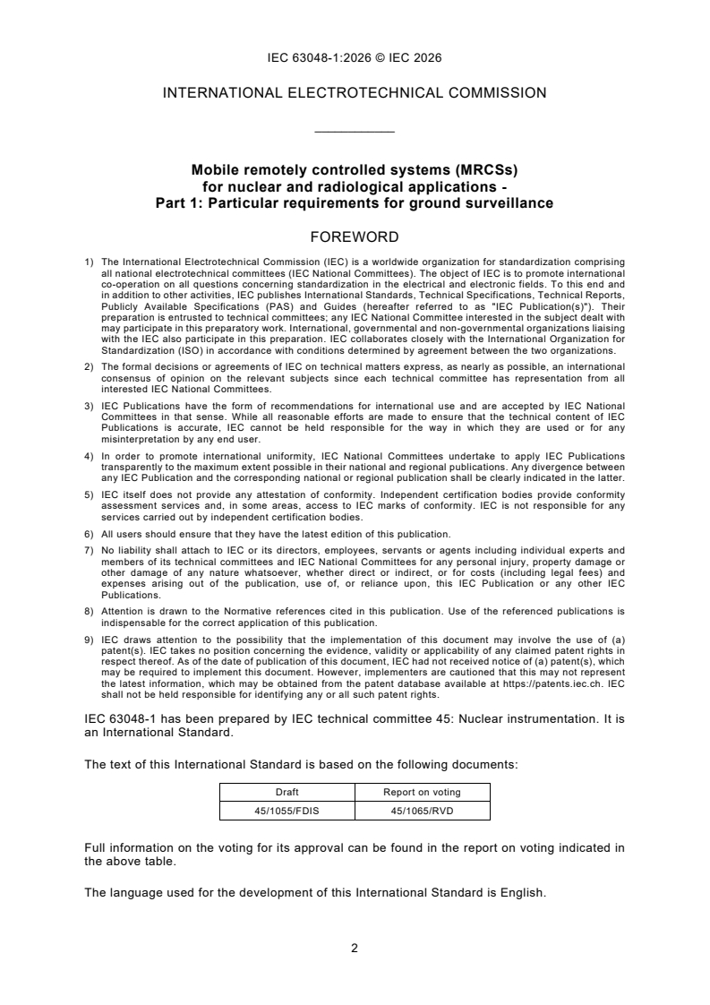 IEC 63048-1:2026 IEC 63048-1:2026 - Mobile remotely controlled systems (MRCSs) for nuclear and radiological applications - Part 1: Particular requirements for ground surveillance - Page 4 preview