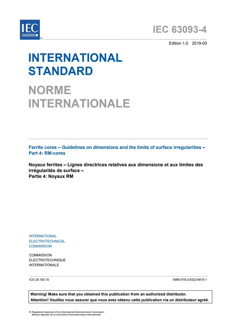 IEC 63093-4:2019 IEC 63093-4:2019 - Ferrite cores - Guidelines on dimensions and the limits of surface irregularities - Part 4: RM-cores
Released:3/8/2019 - Page 3 preview