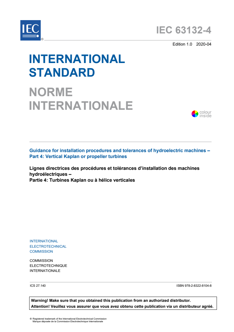IEC 63132-4:2020 IEC 63132-4:2020 - Guidance for installation procedures and tolerances of hydroelectric machines - Part 4: Vertical Kaplan or propeller turbines
Released:4/28/2020 - Page 3 preview