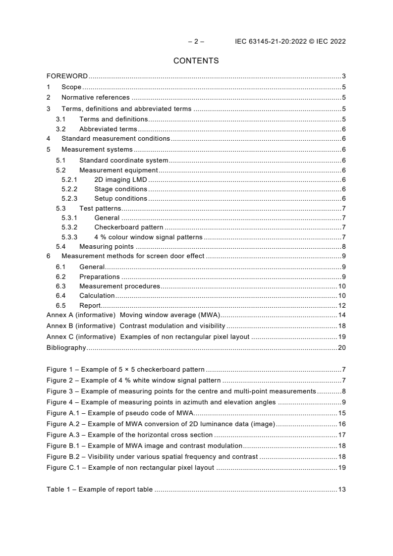 IEC 63145-21-20:2022 IEC 63145-21-20:2022 - Eyewear display - Part 21-20: Specific measurement methods for VR image quality - Screen door effect
Released:7/27/2022 - Page 4 preview
