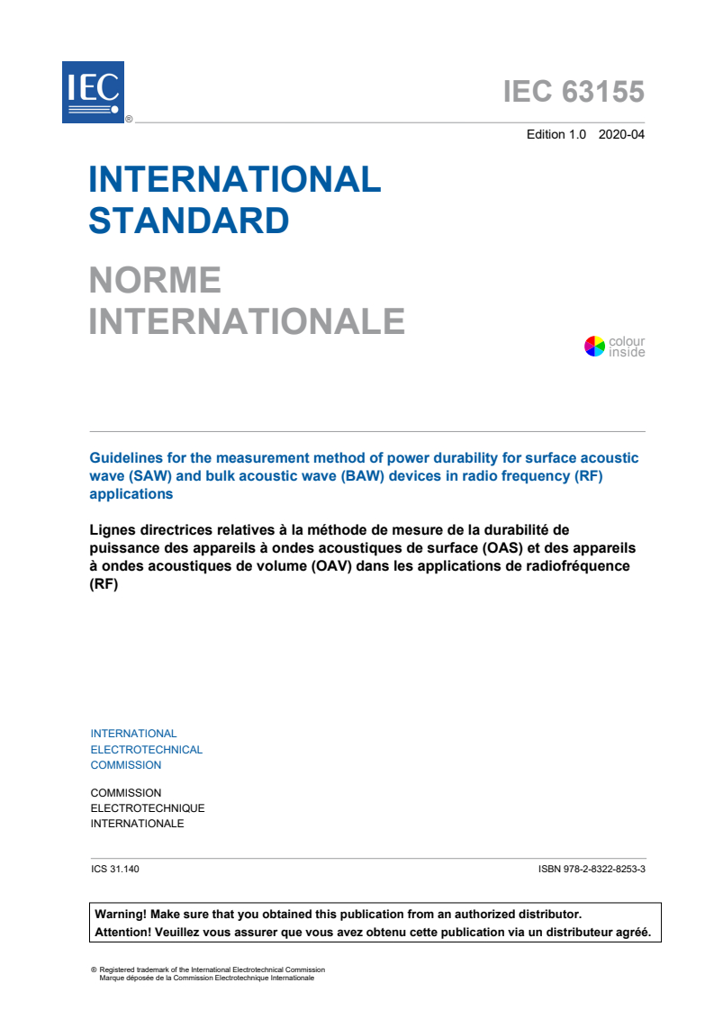 IEC 63155:2020 IEC 63155:2020 - Guidelines for the measurement method of power durability for surface acoustic wave (SAW) and bulk acoustic wave (BAW) devices in radio frequency (RF) applications
Released:4/24/2020 - Page 3 preview