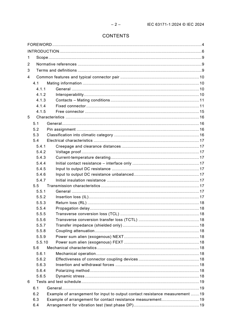 IEC 63171-1:2024 IEC 63171-1:2024 - Connectors for electrical and electronic equipment - Part 1: Detail specification for 2-way, shielded or unshielded, free and fixed connectors - Mechanical mating information, pin assignment and additional requirements for Type 1 (copper LC style) - Page 4 preview