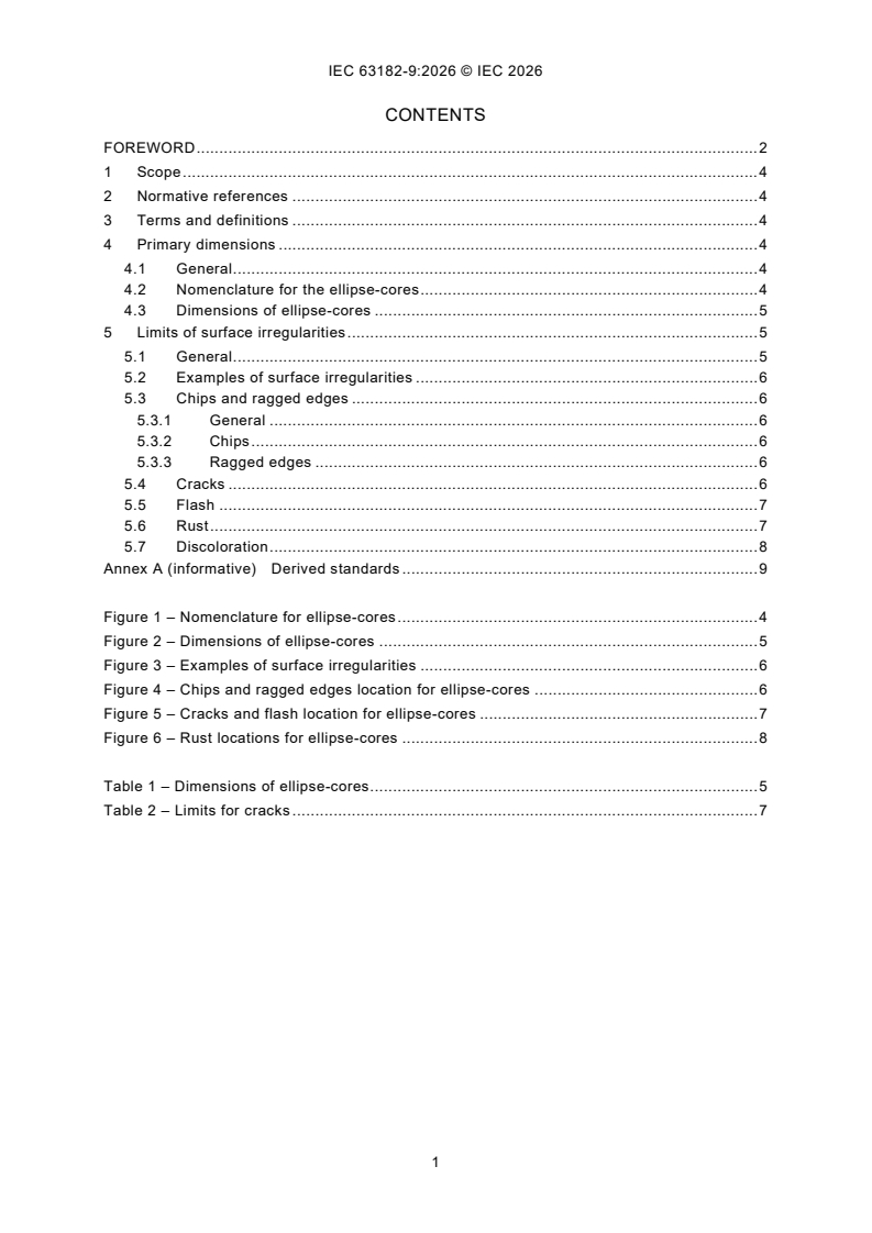 IEC 63182-9:2026 IEC 63182-9:2026 - Magnetic powder cores - Guidelines on dimensions and the limits of surface irregularities - Part 9: Ellipse-cores - Page 3 preview