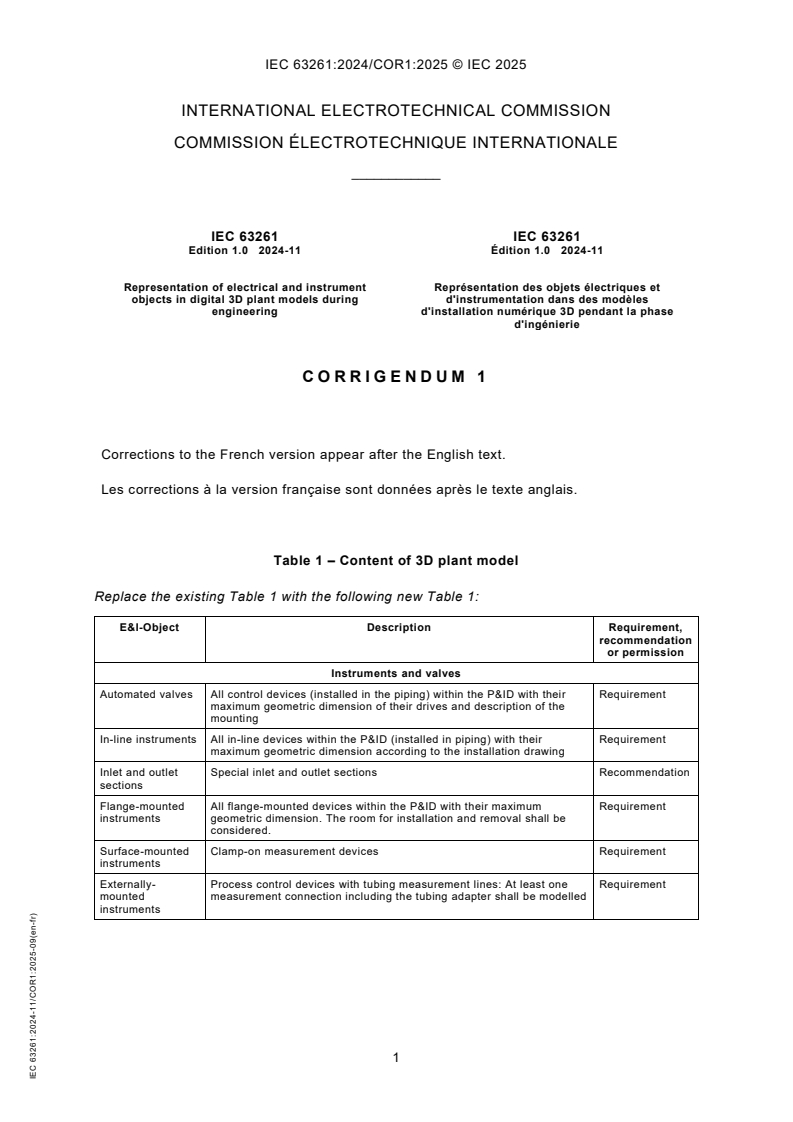 IEC 63261:2024/COR1:2025 - Corrigendum 1 - Representation of electrical and instrument objects in digital 3D plant models during engineering
Released:22. 09. 2025