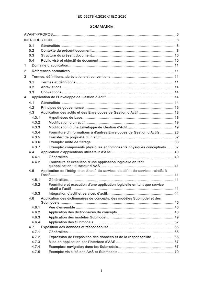 IEC 63278-4:2026 iec63278-4{ed1.0}fr - Enveloppe de Gestion d’Actif pour applications industrielles - Partie 4: Applications d’Enveloppe de Gestion d’Actif - Page 3 preview