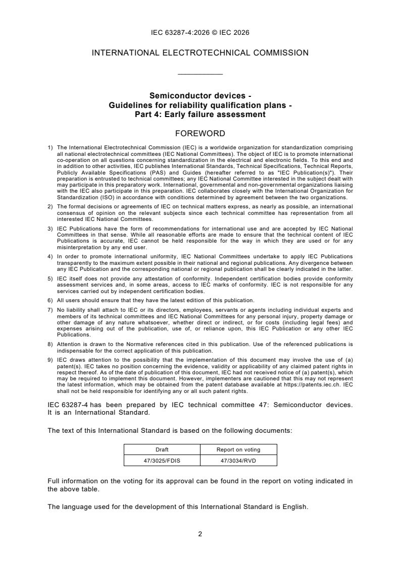 IEC 63287-4:2026 IEC 63287-4:2026 - Semiconductor devices - Guidelines for reliability qualification plans - Part 4: Early failure assessment - Page 4 preview