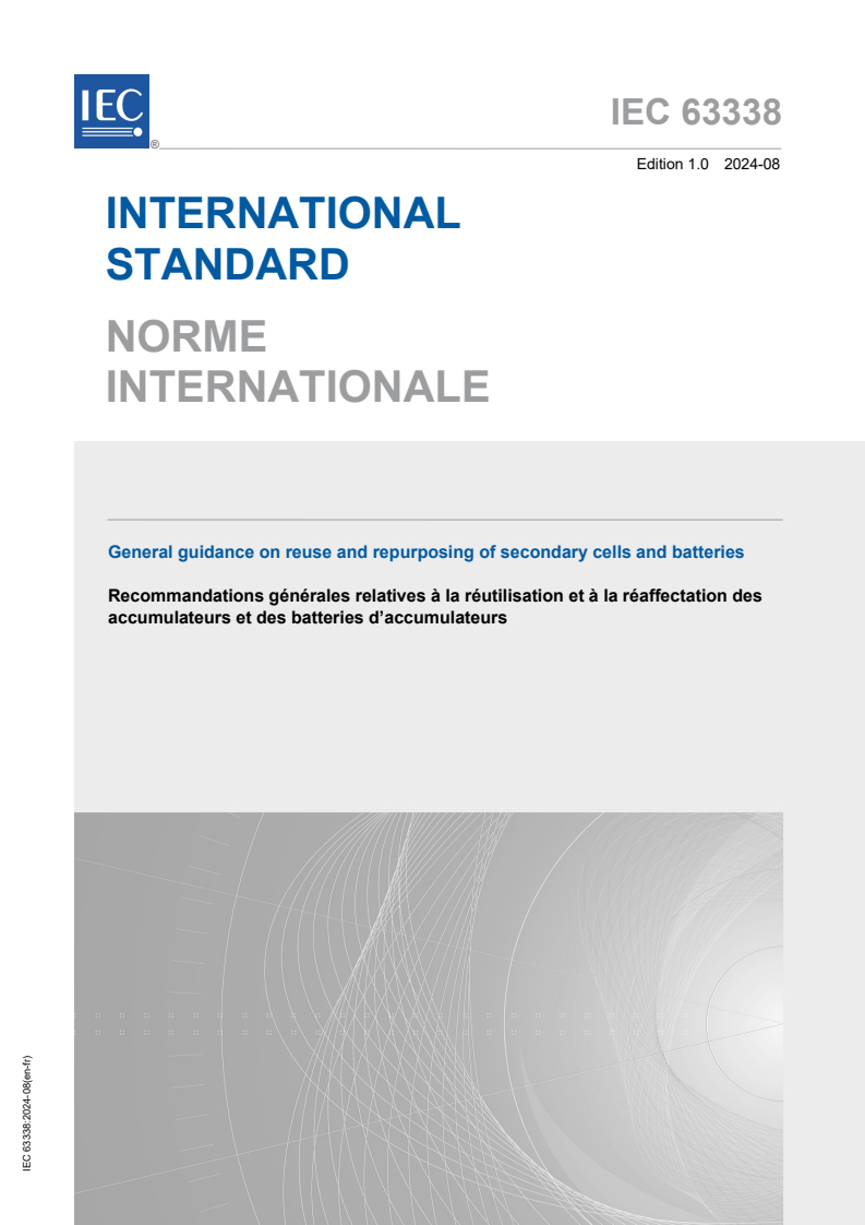 IEC 63338:2024 IEC 63338:2024 - General guidance on reuse and repurposing of secondary cells and batteries
Released:8/6/2024 - Page 1 preview