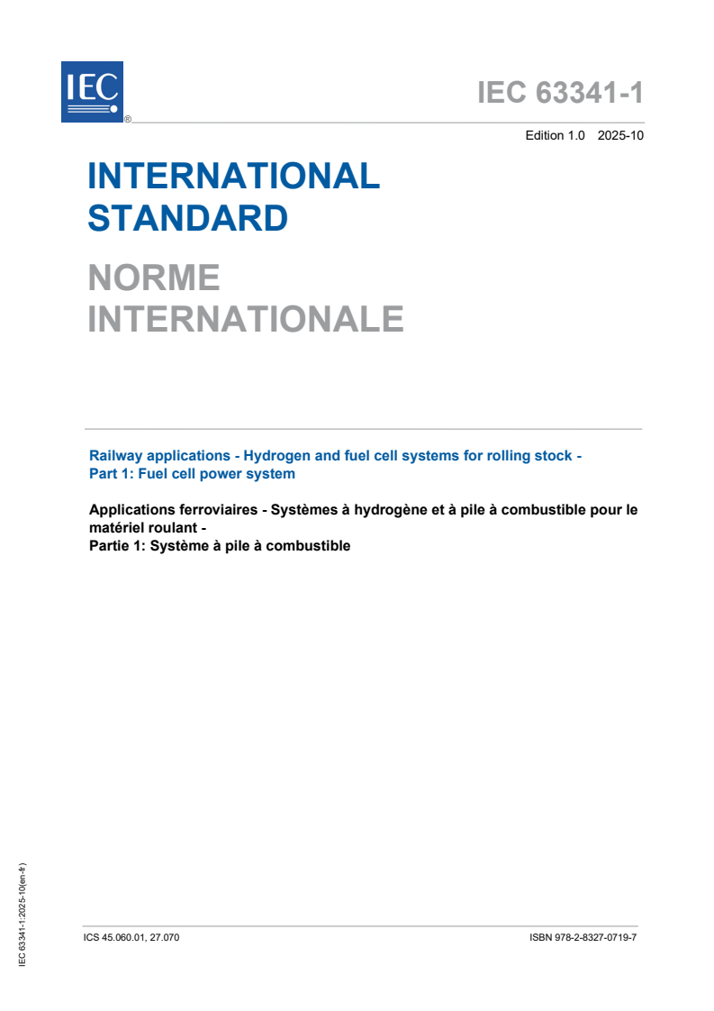 IEC 63341-1:2025 IEC 63341-1:2025 - Railway applications - Hydrogen and fuel cell systems for rolling stock - Part 1: Fuel cell power system
Released:10. 10. 2025
Isbn:9782832707197
