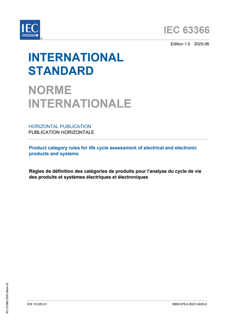 IEC 63366:2025 - Product category rules for life cycle assessment of electrical and electronic products and systems
Released:6. 06. 2025
Isbn:9782832704295