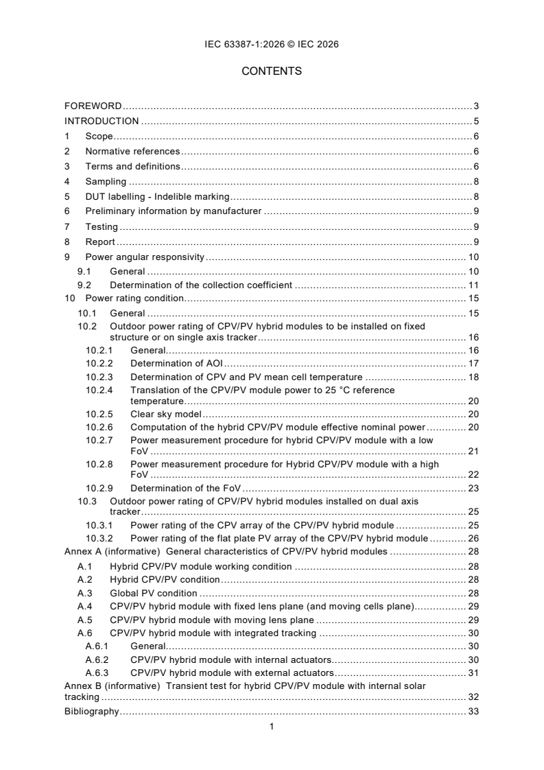 IEC 63387-1:2026 iec63387-1{ed1.0}en - Hybrid CPV/PV modules: General characteristics and measurement procedures - Part 1: Performance measurements and power rating - Irradiance and temperature - Page 3 preview