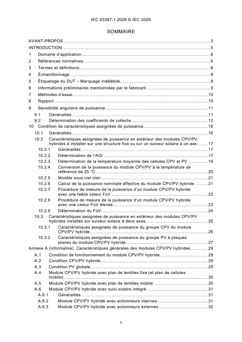 IEC 63387-1:2026 iec63387-1{ed1.0}fr - Modules CPV/PV hybrides: caractéristiques générales et procédures de mesure - Partie 1: Mesurages de performances et caractéristiques assignées de puissance - Éclairement et température - Page 3 preview