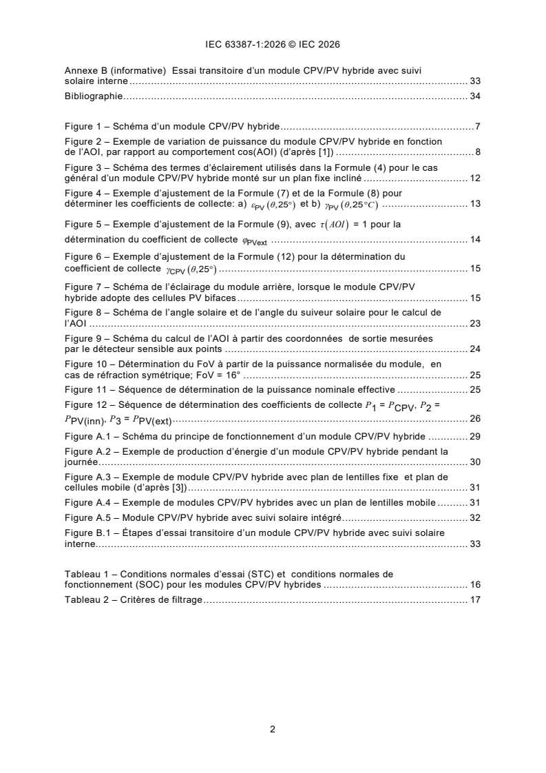 IEC 63387-1:2026 iec63387-1{ed1.0}fr - Modules CPV/PV hybrides: caractéristiques générales et procédures de mesure - Partie 1: Mesurages de performances et caractéristiques assignées de puissance - Éclairement et température - Page 4 preview