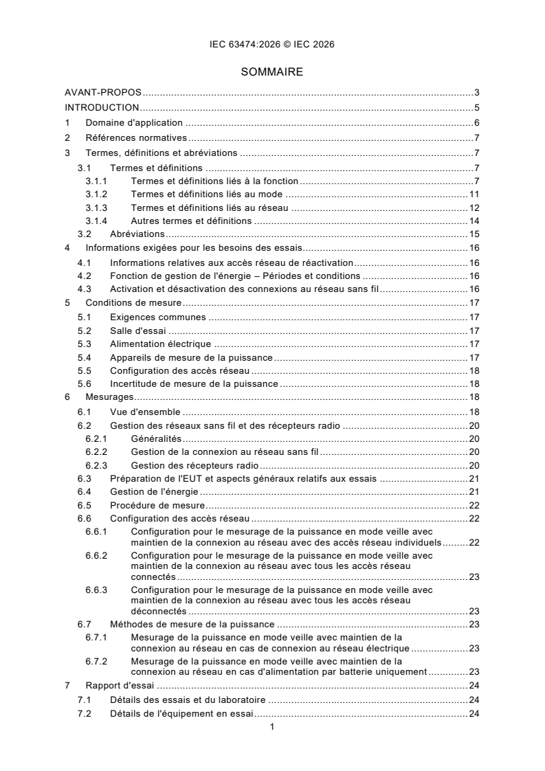 IEC 63474:2026 iec63474{ed2.0}fr - Appareils électriques et électroniques pour application domestique et équipement de bureau - Mesurage de la consommation d'énergie en veille avec maintien de la connexion au réseau des équipements de périphérie - Page 3 preview