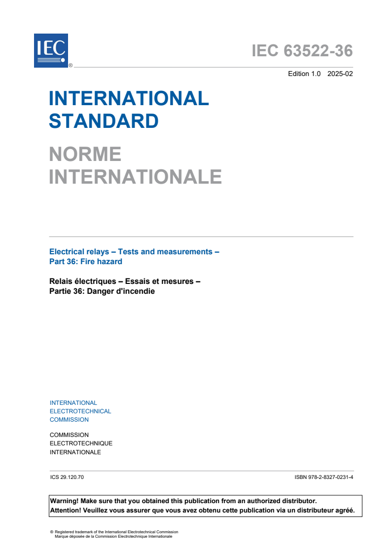 IEC 63522-36:2025 IEC 63522-36:2025 - Electrical relays - Tests and measurements - Part 36: Fire hazard
Released:2/27/2025 - Page 3 preview