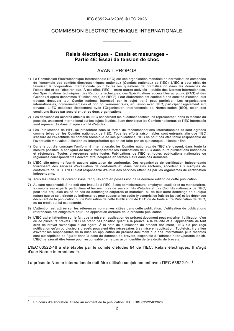 IEC 63522-46:2026 iec63522-46{ed1.0}fr - Relais électriques - Essais et mesurage - Partie 46: Essai de tension de choc - Page 4 preview