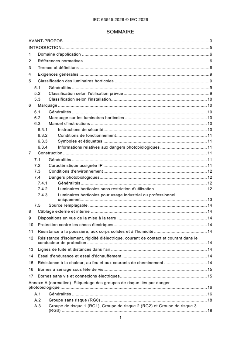 IEC 63545:2026 IEC 63545:2026 - Éclairage horticole - Luminaires pour éclairage horticole - Sécurité - Page 3 preview