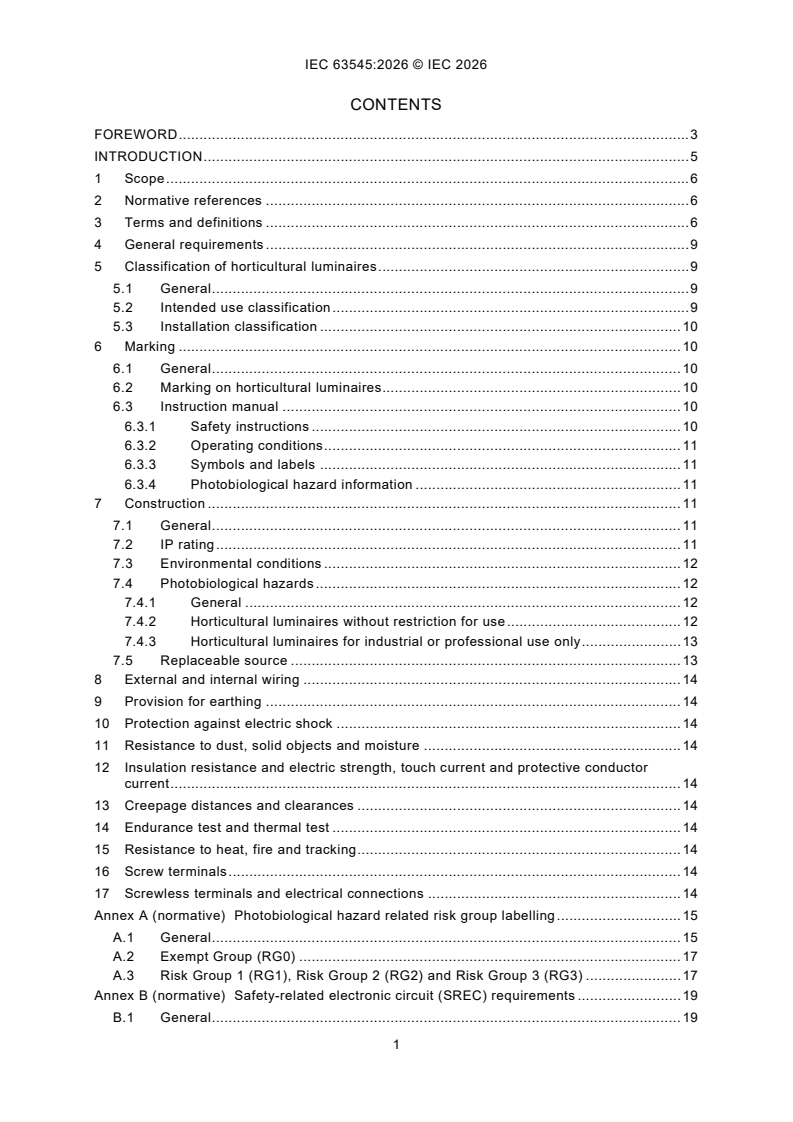IEC 63545:2026 IEC 63545:2026 - Horticultural lighting - Luminaires for horticultural lighting - Safety - Page 3 preview