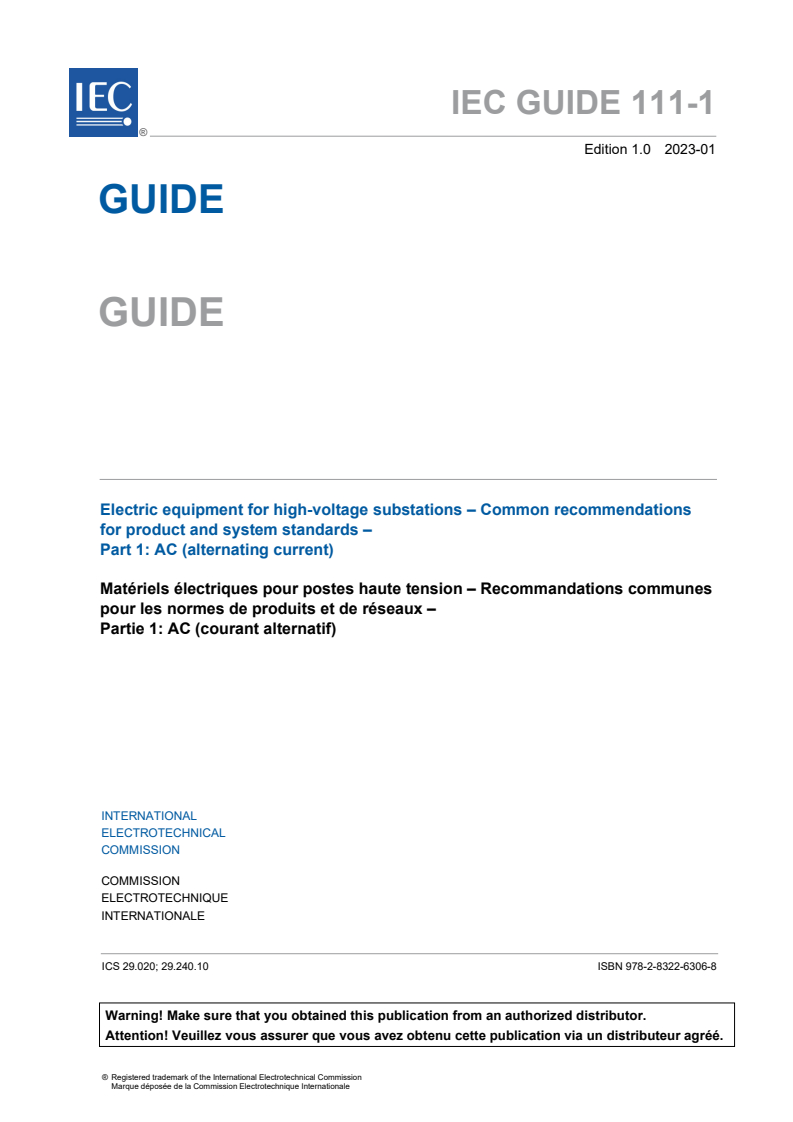IEC GUIDE 111-1:2023 IEC GUIDE 111-1:2023 - Electric equipment for high-voltage substations - Common recommendations for product and system standards - Part 1: AC (alternating current)
Released:1/24/2023 - Page 3 preview