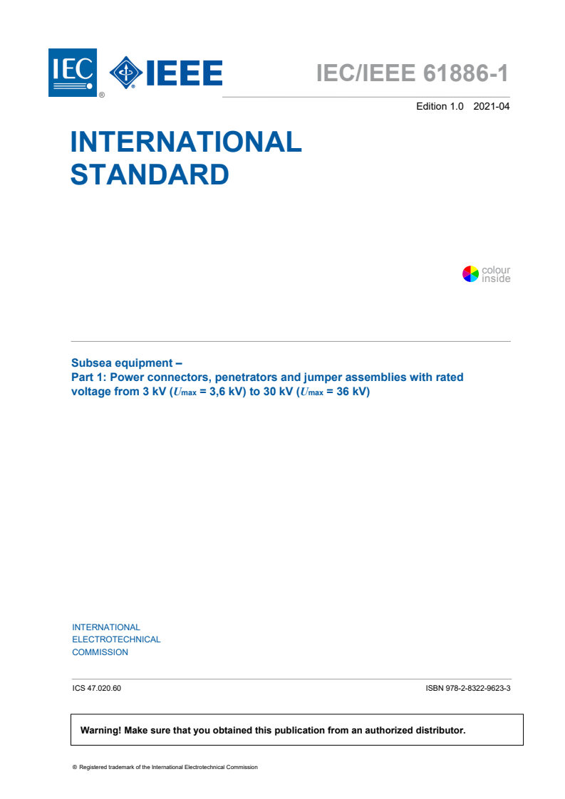 IEC/IEEE 61886-1:2021 IEC/IEEE 61886-1:2021 - Subsea equipment - Part 1: Power connectors, penetrators and jumper assemblies with rated voltage from 3 kV (U<sub>max</sub> = 3,6 kV) to 30 kV (U<sub>max</sub> = 36 kV)
Released:4/20/2021 - Page 3 preview