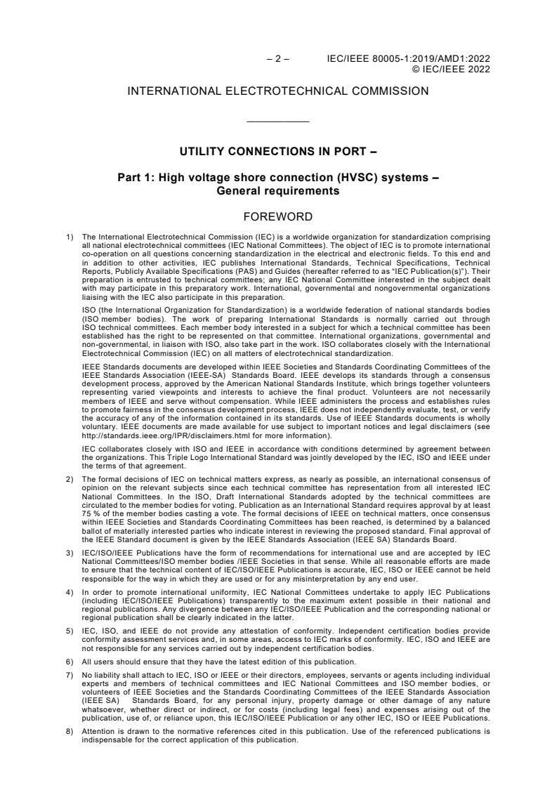 IEC/IEEE 80005-1:2019/AMD1:2022 IEC/IEEE 80005-1:2019/AMD1:2022 - Amendment 1 - Utility connections in port - Part 1: High voltage shore connection (HVSC) systems - General requirements/2/2022 - Page 4 preview