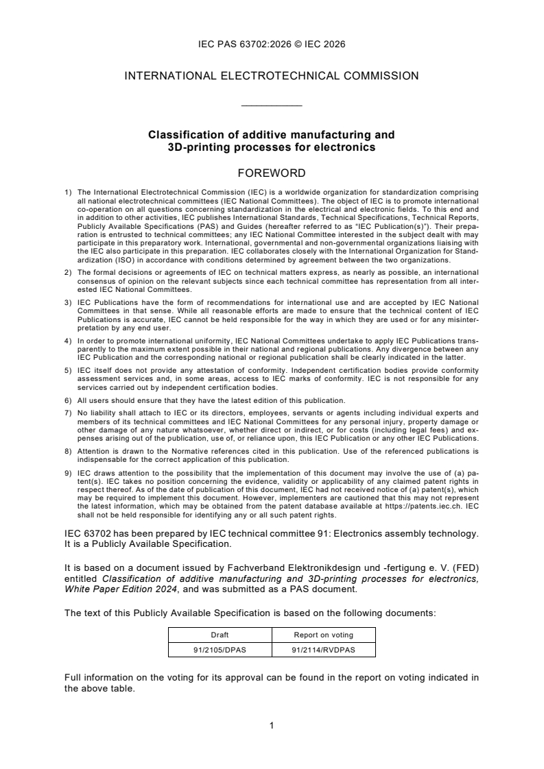 IEC PAS 63702:2026 IEC PAS 63702:2026 - Classification of additive manufacturing and 3D-printing processes for electronics - Page 3 preview