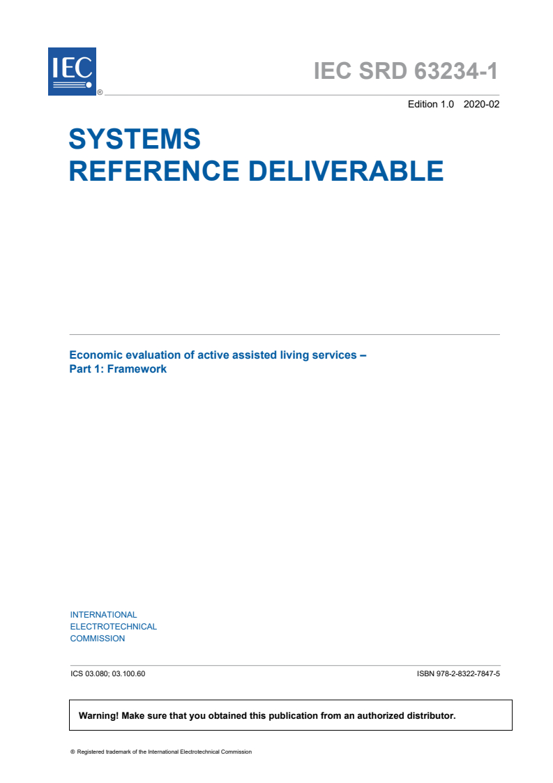 IEC SRD 63234-1:2020 IEC SRD 63234-1:2020 - Economic evaluation of active assisted living services - Part 1: Framework
Released:2/19/2020 - Page 3 preview