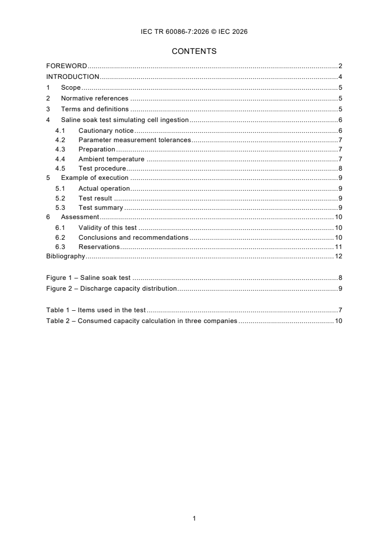 IEC TR 60086-7:2026 IEC TR 60086-7:2026 - Primary batteries - Part 7: Coin/lithium button cell saline soak test simulating cell ingestion - Page 3 preview