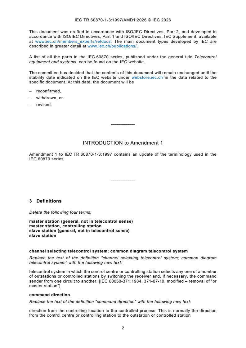 IEC TR 60870-1-3:1997/AMD1:2026 IEC TR 60870-1-3:1997/AMD1:2026 - Amendment 1 - Telecontrol equipment and systems - Part 1-3: General considerations - Glossary - Page 4 preview