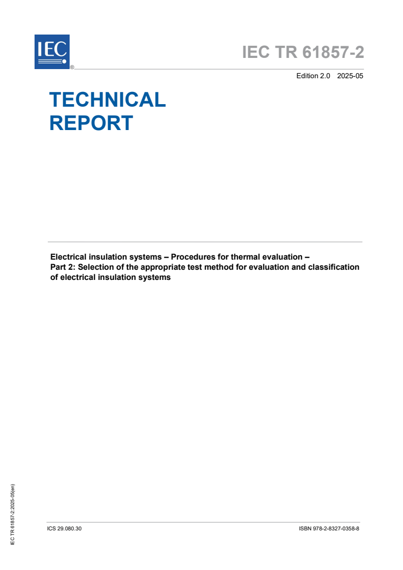 IEC TR 61857-2:2025 - Electrical insulation systems – Procedures for thermal evaluation – Part 2: Selection of the appropriate test method for evaluation and classification of electrical insulation systems
Released:2. 05. 2025
Isbn:9782832703588