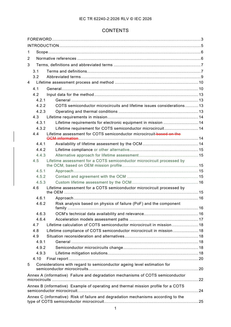 IEC TR 62240-2:2026 REDLINE IEC TR 62240-2:2026 RLV - Process management for avionics - Electronic components capability in operation - Part 2: Semiconductor microcircuit lifetime - Page 3 preview