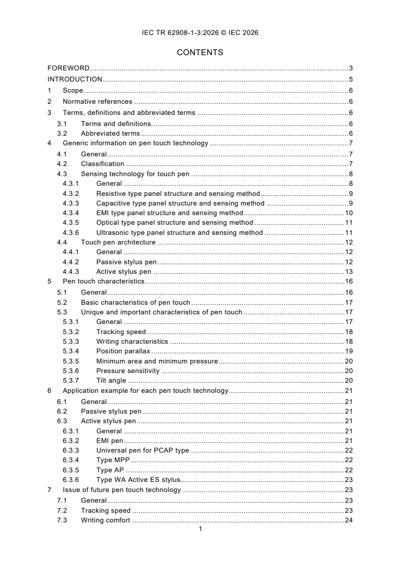 IEC TR 62908-1-3:2026 IEC TR 62908-1-3:2026 - Touch and interactive displays - Part 1-3: Generic - Overview of pen touch technology - Page 3 preview