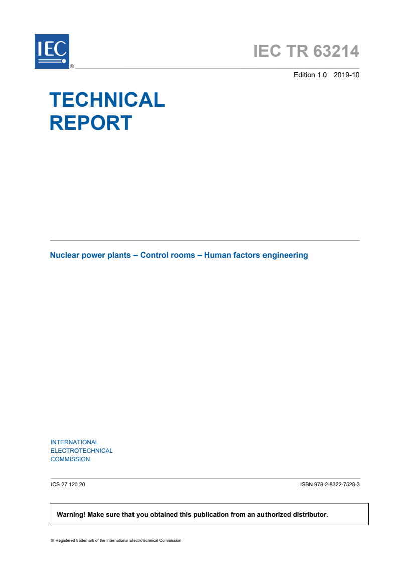 IEC TR 63214:2019 IEC TR 63214:2019 - Nuclear power plants - Control rooms - Human factors engineering
Released:10/29/2019 - Page 3 preview