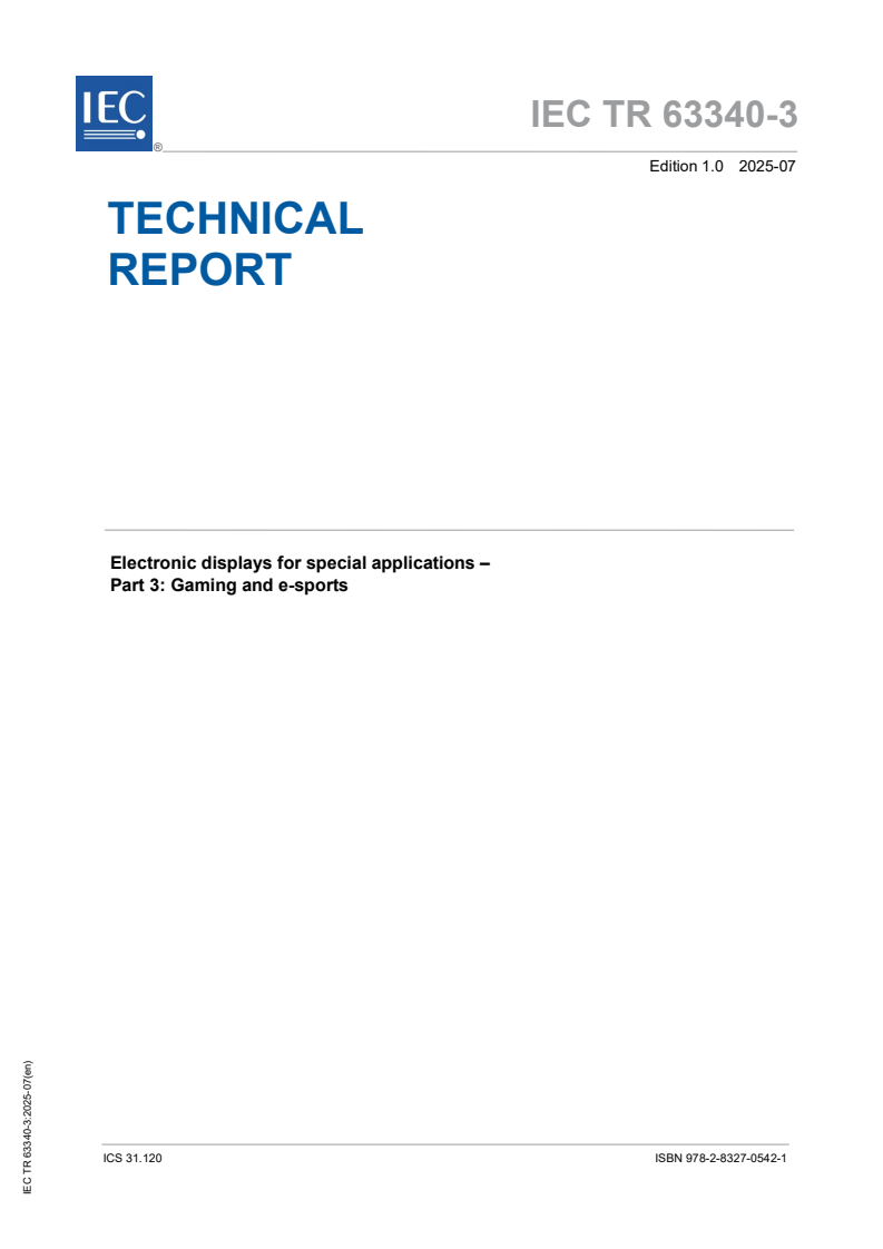 IEC TR 63340-3:2025 IEC TR 63340-3:2025 - Electronic displays for special applications - Part 3: Gaming and e-sports
Released:2. 07. 2025
Isbn:9782832705421