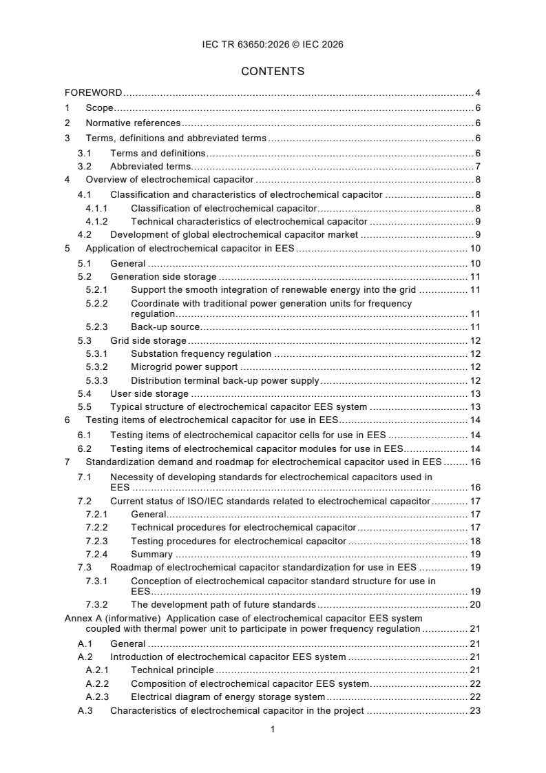 IEC TR 63650:2026 IEC TR 63650:2026 - Electrochemical capacitor for use in electrical energy storage - Page 3 preview