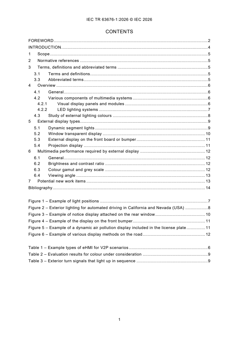 IEC TR 63676-1:2026 IEC TR 63676-1:2026 - Multimedia systems and equipment for vehicles - External visual systems of external human-machine interfaces (eHMI) for automated vehicles - Part 1: General - Page 3 preview