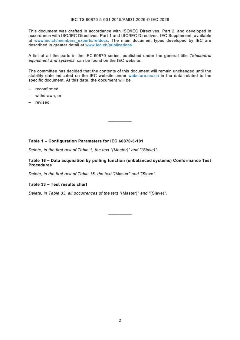 IEC TS 60870-5-601:2015/AMD1:2026 IEC TS 60870-5-601:2015/AMD1:2026 - Amendment 1 - Telecontrol equipment and systems - Part 5-601: Transmission protocols - Conformance test cases for the IEC 60870-5-101 companion standard - Page 4 preview