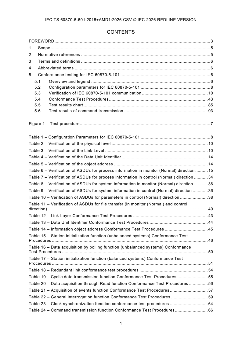 IEC TS 60870-5-601:2015 IEC TS 60870-5-601:2015+AMD1:2026 CSV - Telecontrol equipment and systems - Part 5-601: Transmission protocols - Conformance test cases for the IEC 60870-5-101 companion standard - Page 3 preview