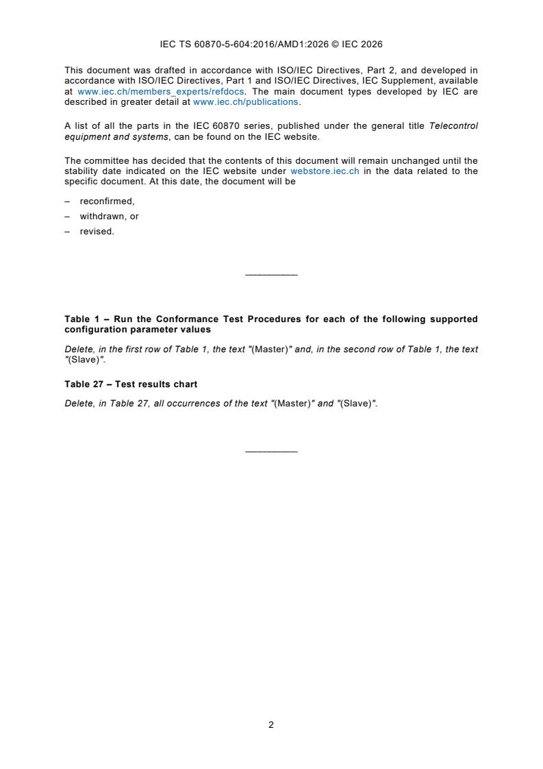 IEC TS 60870-5-604:2016/AMD1:2026 IEC TS 60870-5-604:2016/AMD1:2026 - Amendment 1 - Telecontrol equipment and systems - Part 5-604: Transmission protocols - Conformance test cases for the IEC 60870-5-104 companion standard - Page 4 preview