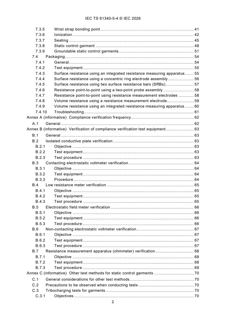 IEC TS 61340-5-4:2026 IEC TS 61340-5-4:2026 - Electrostatics - Part 5-4: Protection of electronic devices from electrostatic phenomena - Compliance verification - Page 4 preview