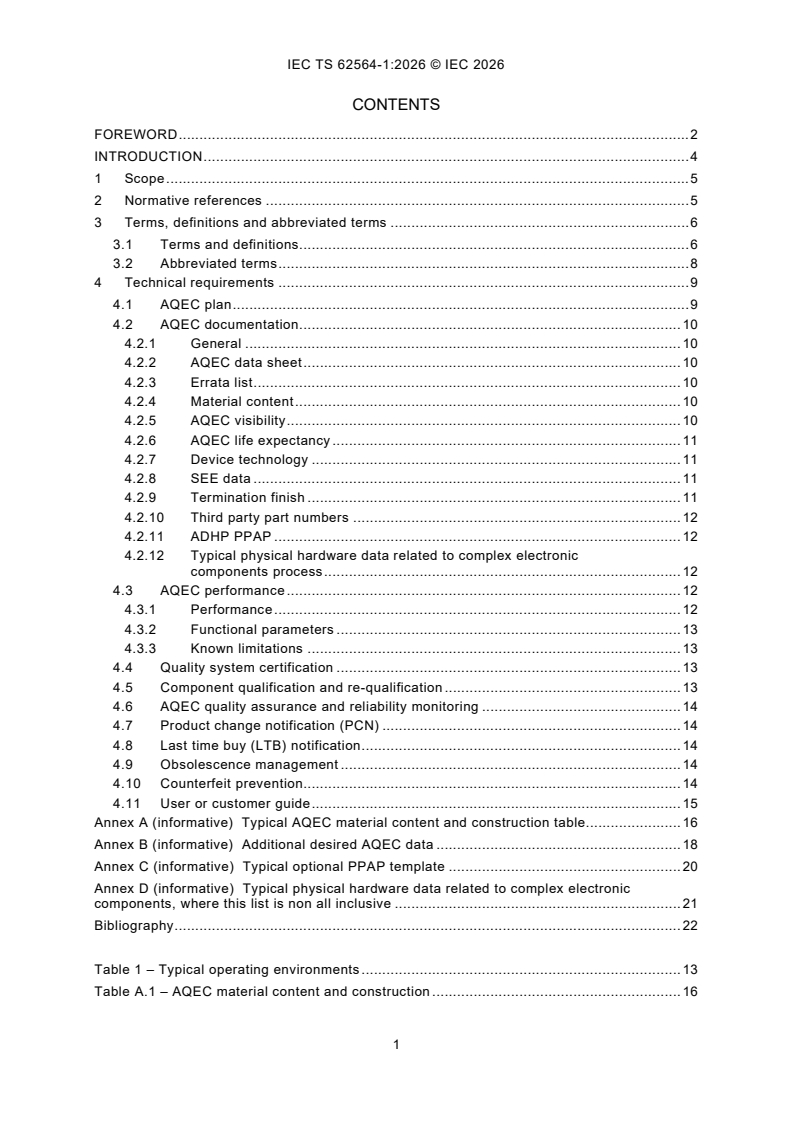 IEC TS 62564-1:2026 IEC TS 62564-1:2026 - Process management for avionics - Aerospace qualified electronic components (AQEC) - Part 1: Integrated circuits and discrete semiconductors - Page 3 preview
