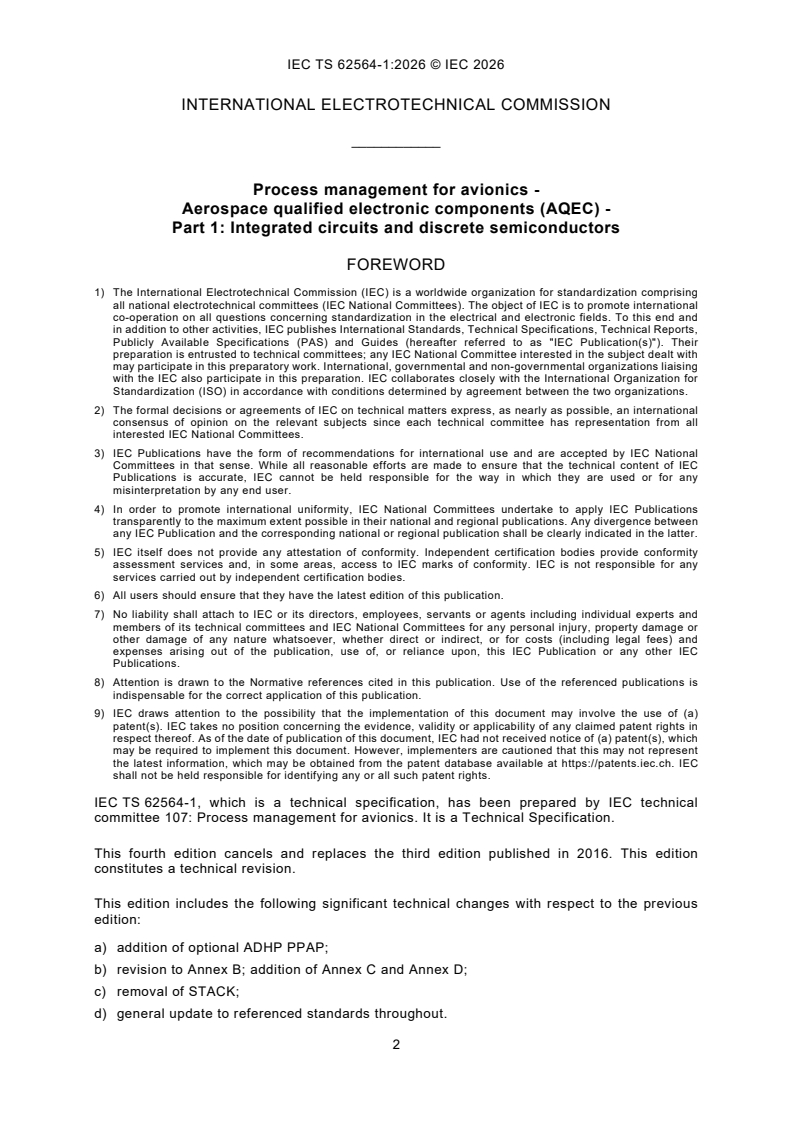 IEC TS 62564-1:2026 IEC TS 62564-1:2026 - Process management for avionics - Aerospace qualified electronic components (AQEC) - Part 1: Integrated circuits and discrete semiconductors - Page 4 preview