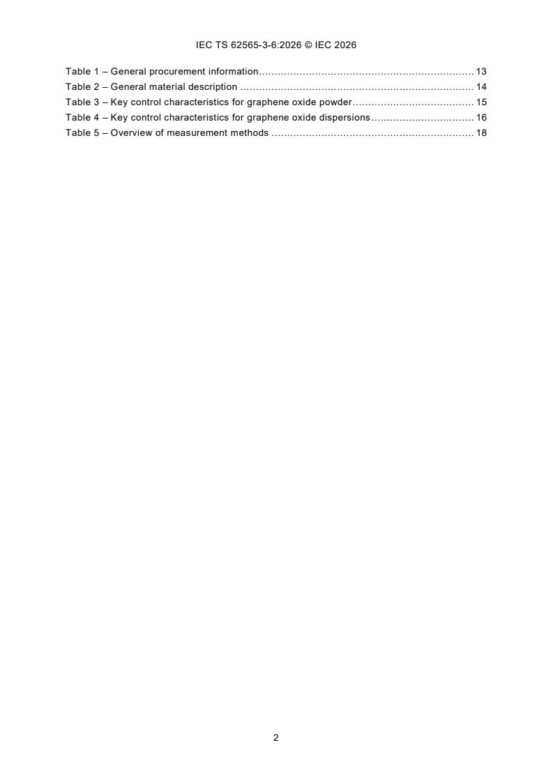 IEC TS 62565-3-6:2026 IEC TS 62565-3-6:2026 - Nanomanufacturing - Product specification - Part 3-6: Graphene-related products - Blank detail specification: graphene oxide in powders and dispersions - Page 4 preview