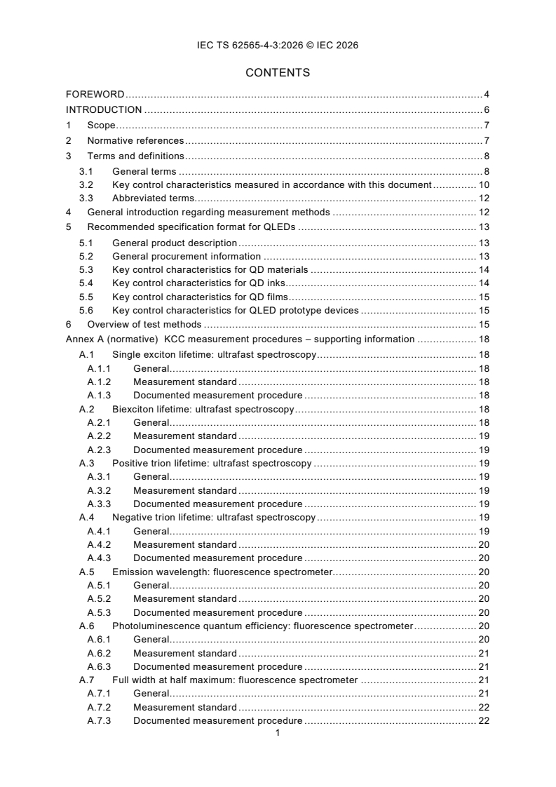 IEC TS 62565-4-3:2026 IEC TS 62565-4-3:2026 - Nanomanufacturing - Product specification - Part 4-3: Nanophotonic products - Blank detail specification: quantum dot enabled light emitting diodes - Page 3 preview