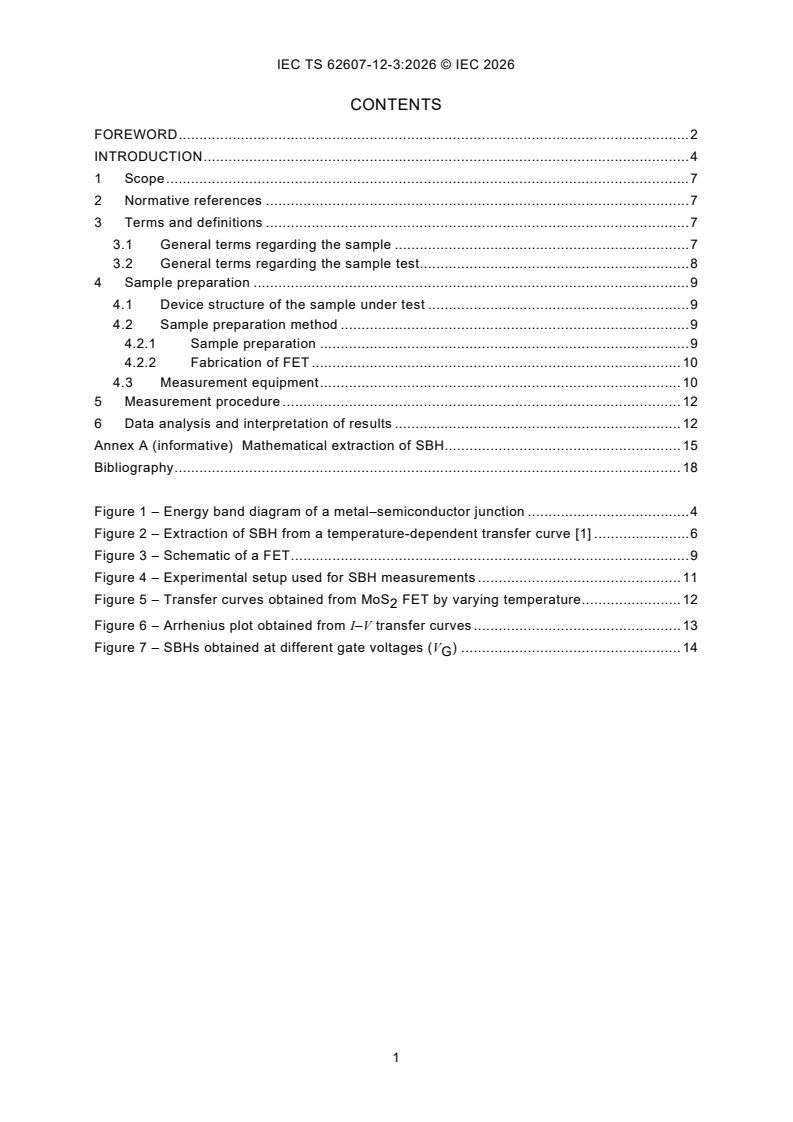IEC TS 62607-12-3:2026 IEC TS 62607-12-3:2026 - Nanomanufacturing - Key control characteristics - Part 12-3: 2D material-related products - Schottky barrier heights of 2D material-based field-effect transistors: temperature-dependent current–voltage measurements - Page 3 preview